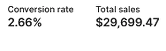 Shopify dashboard showing a 2.66% conversion rate and $29,699.47 in total sales over 30 days